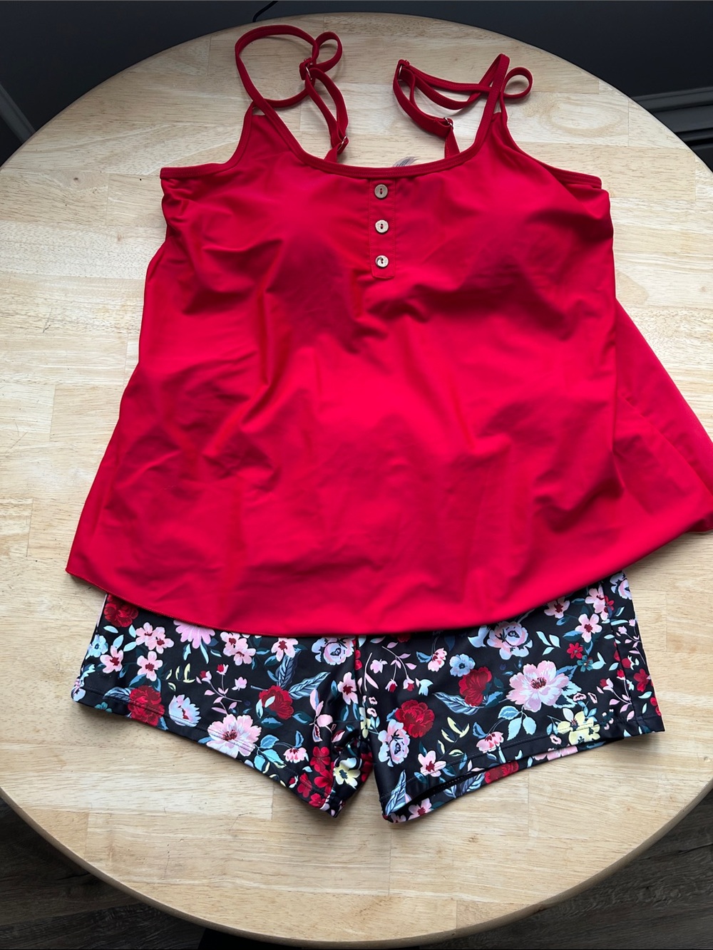 Nique Red Tankini Top with Black Floral Swim Shorts